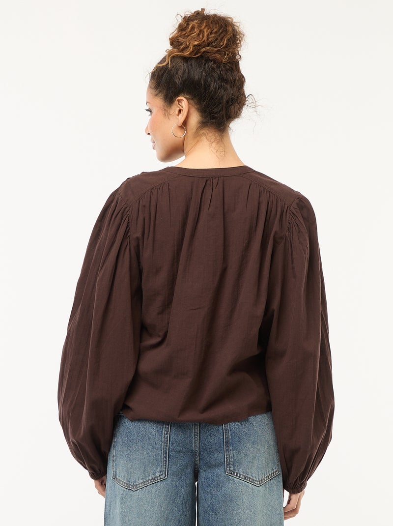 camisa lisa con mangas largas abullonadas Marron - Kiabi