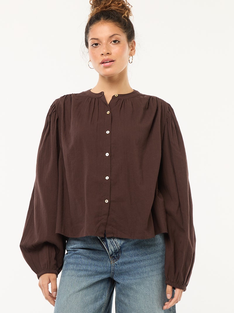 camisa lisa con mangas largas abullonadas Marron - Kiabi