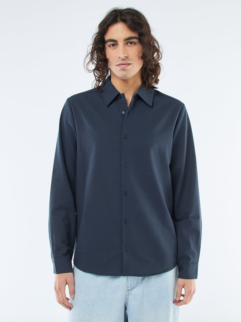 Camisa lisa con textura gofrada Azul - Kiabi