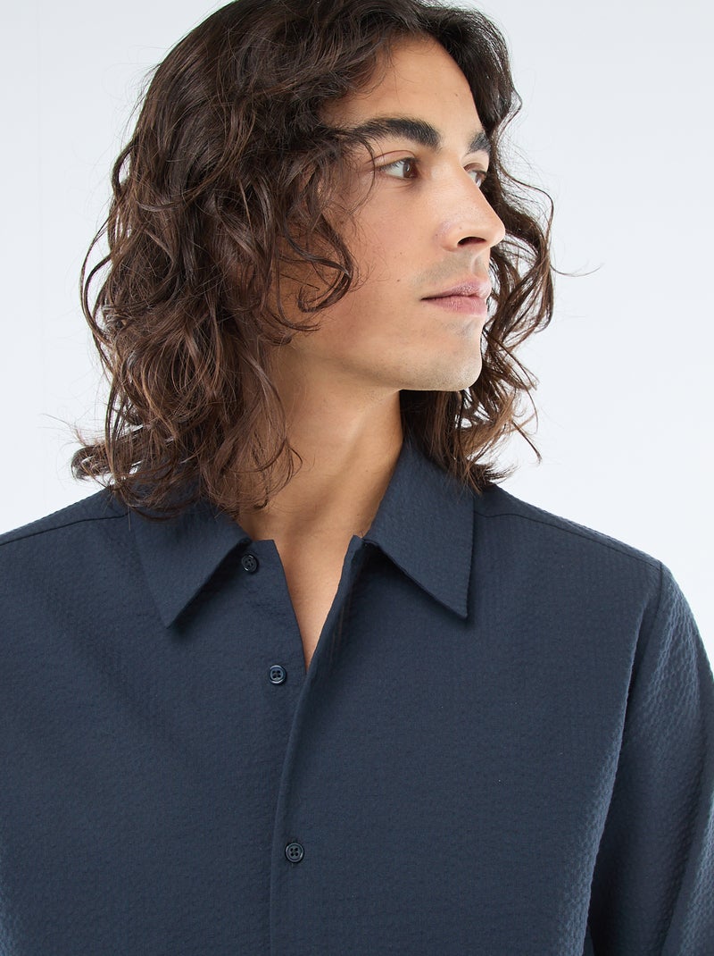 Camisa lisa con textura gofrada Azul - Kiabi
