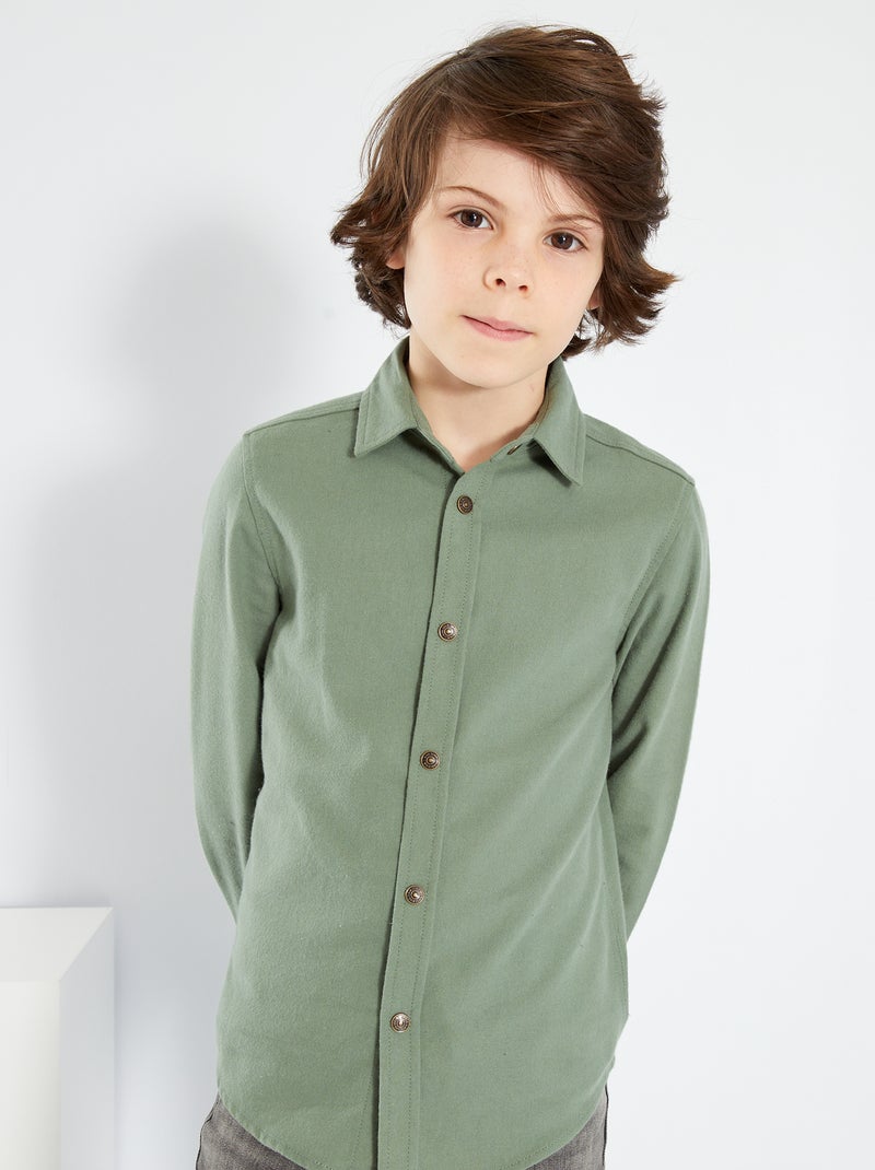 Camisa lisa de franela VERDE - Kiabi