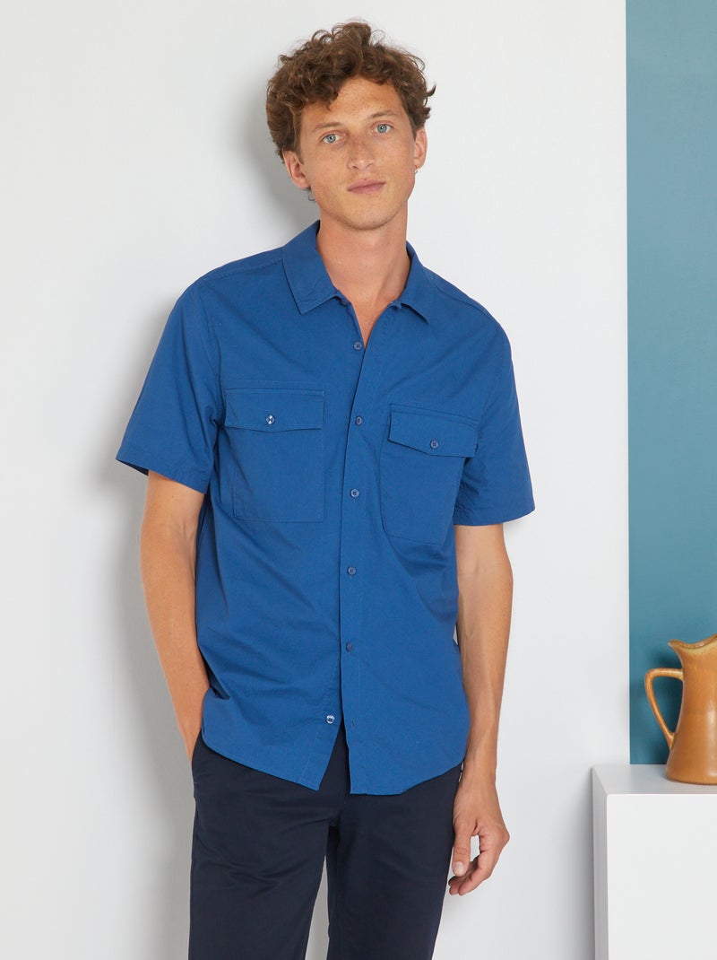 Camisa lisa de lona de algodón AZUL - Kiabi