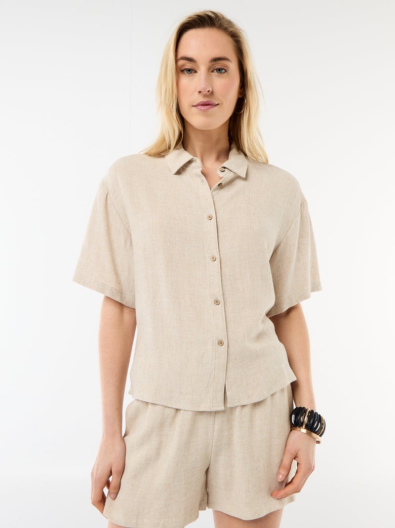 Camisa lisa de manga corta Beige - Kiabi