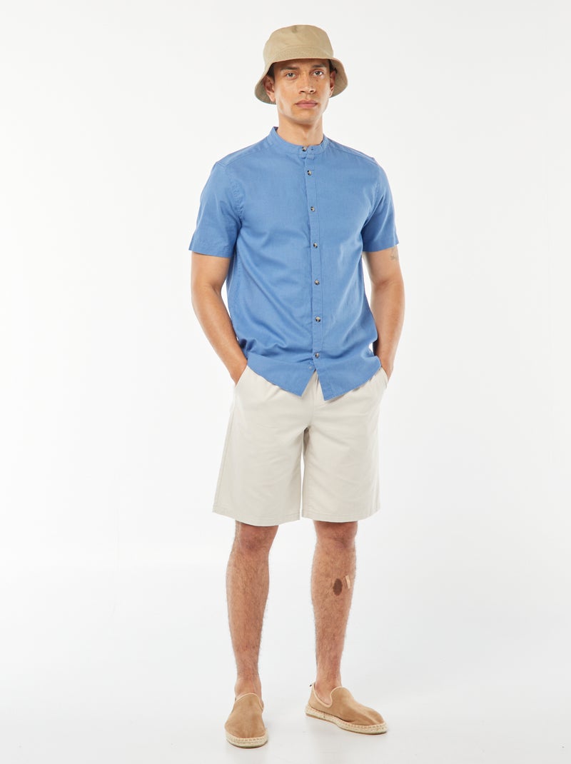 Camisa lisa de manga corta con cuello mao AZUL - Kiabi