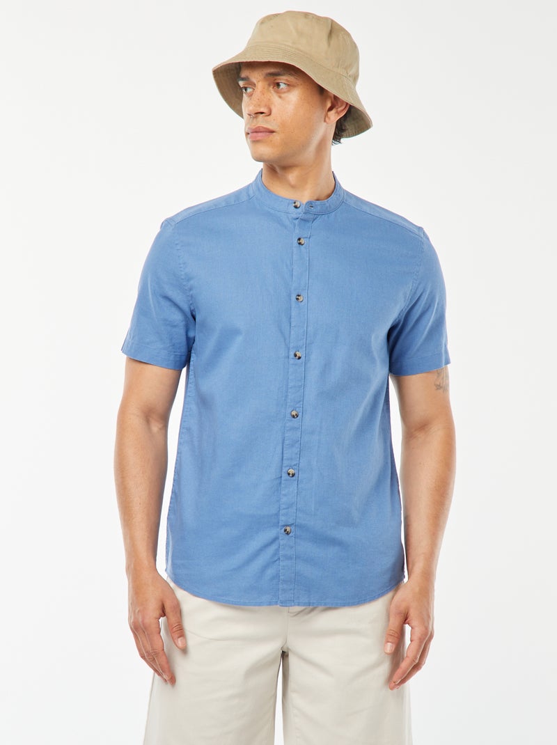 Camisa lisa de manga corta con cuello mao AZUL - Kiabi