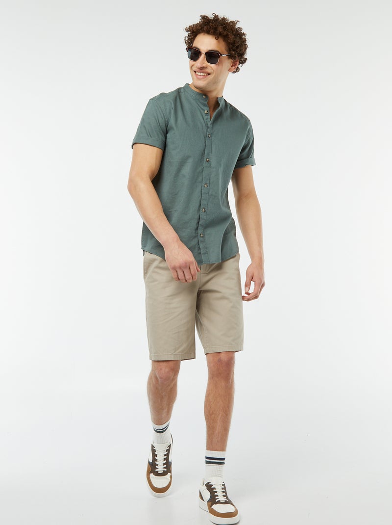 Camisa lisa de manga corta con cuello mao VERDE - Kiabi