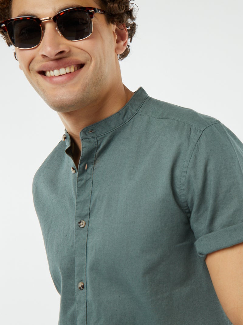 Camisa lisa de manga corta con cuello mao VERDE - Kiabi