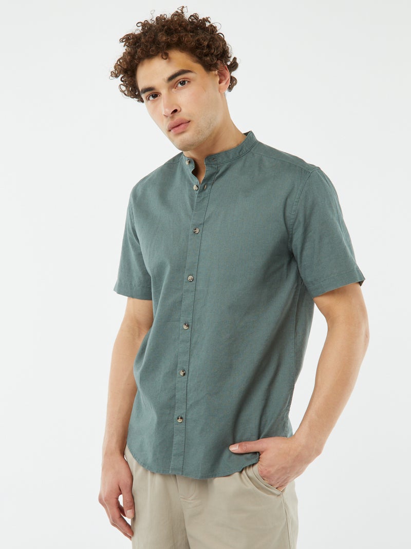 Camisa lisa de manga corta con cuello mao VERDE - Kiabi