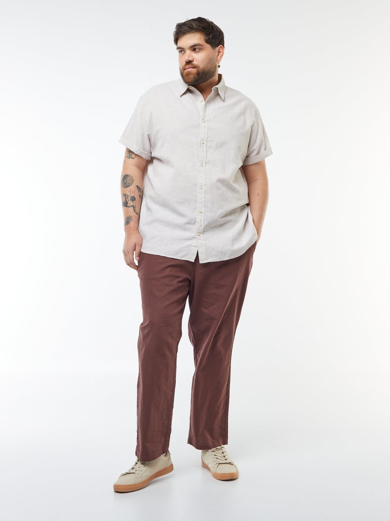 Camisa lisa de manga corta de mezcla de lino BEIGE - Kiabi