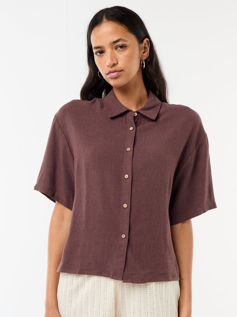 Camisa lisa de manga corta Marron - Kiabi