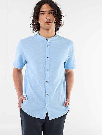 Camisa lisa de manga corta y cuello mao en mezcla de lino