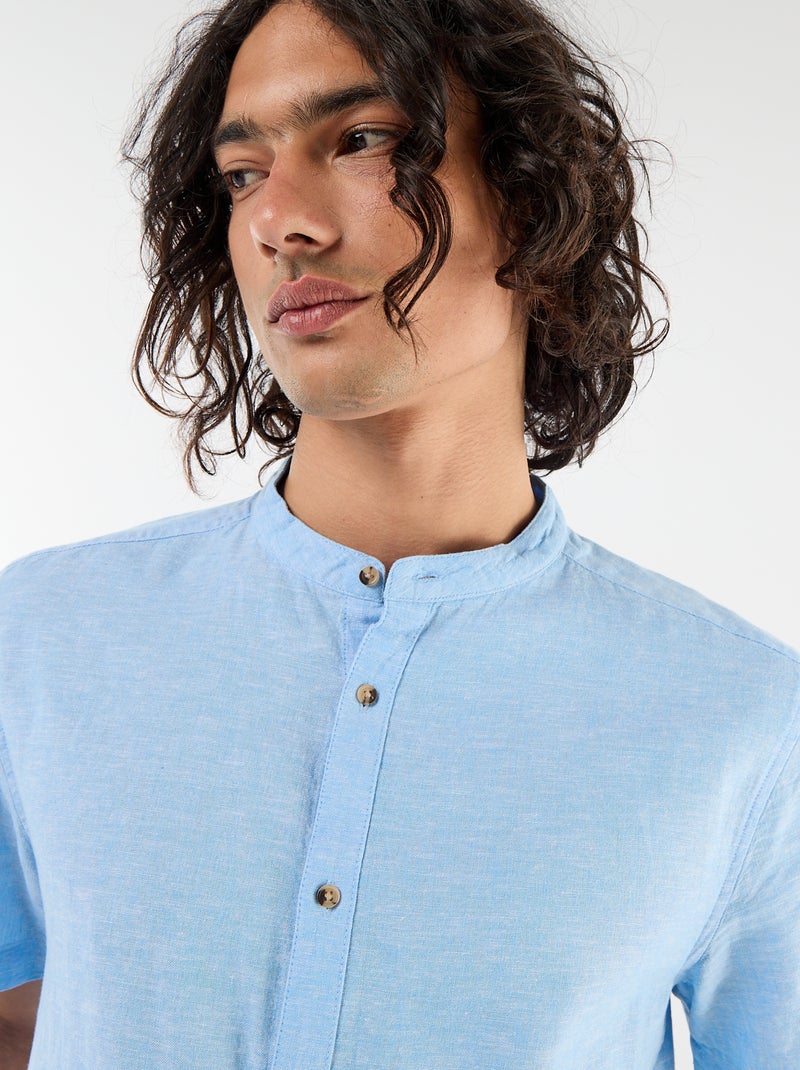 Camisa lisa de manga corta y cuello mao en mezcla de lino Azul - Kiabi