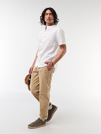 Camisa lisa de manga corta y cuello mao en mezcla de lino