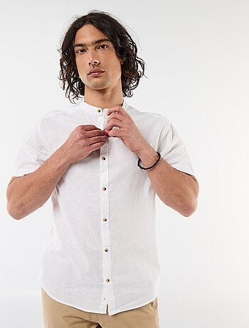 Camisa lisa de manga corta y cuello mao en mezcla de lino