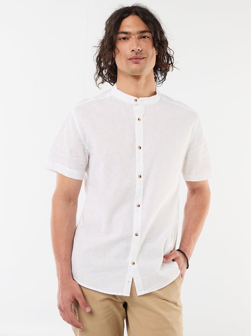 Camisa lisa de manga corta y cuello mao en mezcla de lino Blanco - Kiabi