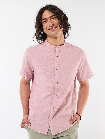 Camisa lisa de manga corta y cuello mao en mezcla de lino