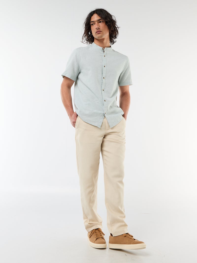 Camisa lisa de manga corta y cuello mao en mezcla de lino Verde - Kiabi
