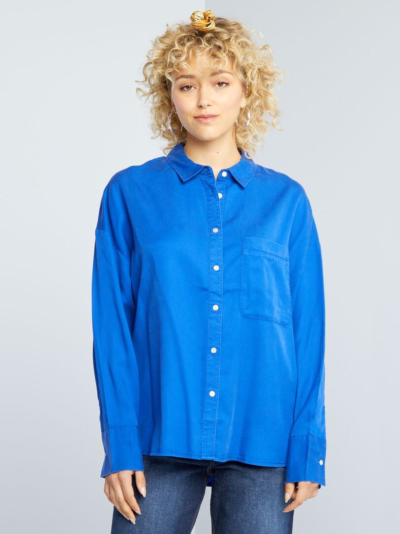 Camisa lisa de manga larga azul - Kiabi