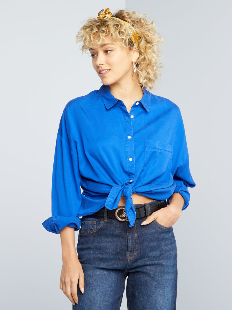 Camisa lisa de manga larga azul - Kiabi