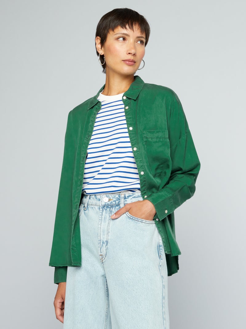 Camisa lisa de manga larga Verde - Kiabi