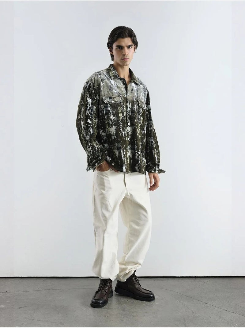 Camisa oversize con cuadros texturizados y bolsillo giesto Caqui - Kiabi