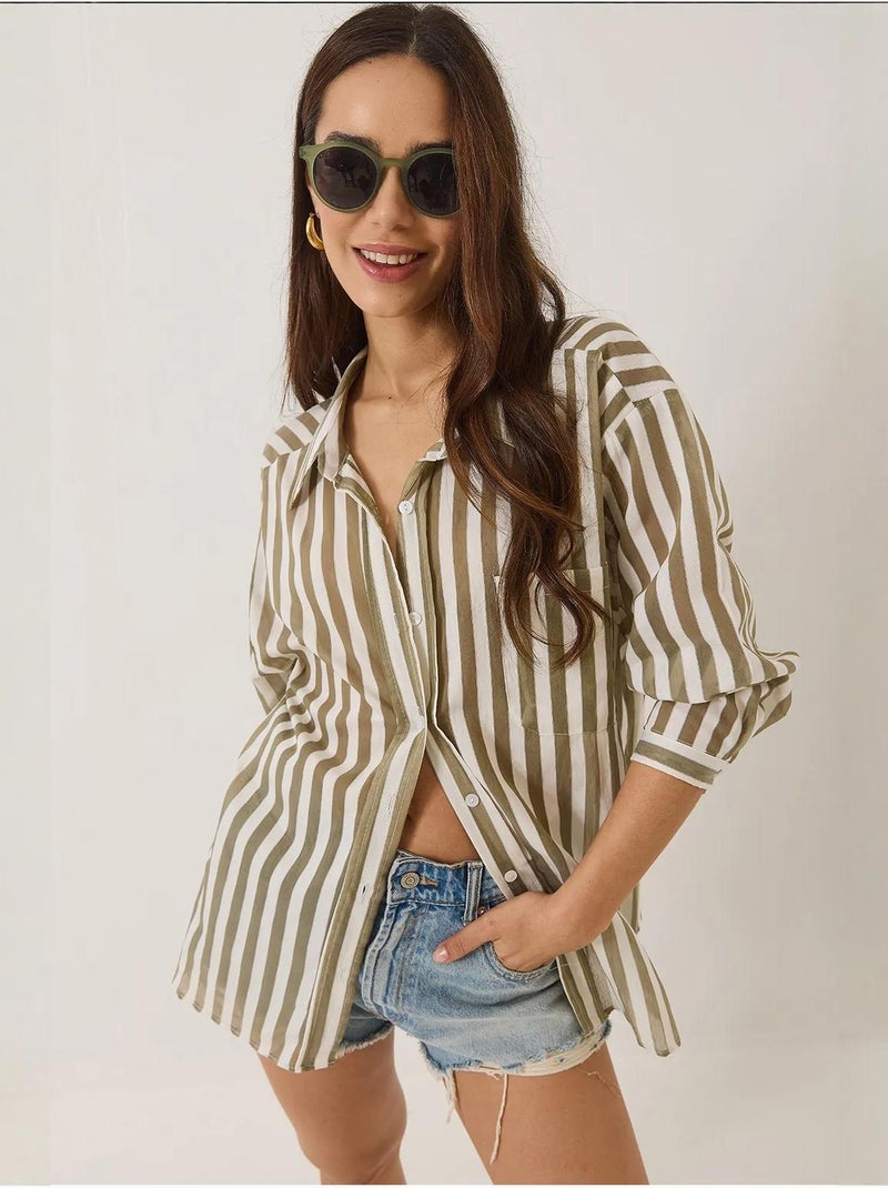 Camisa oversize con detalle de bolsillo único a rayas lucci Caqui - Kiabi