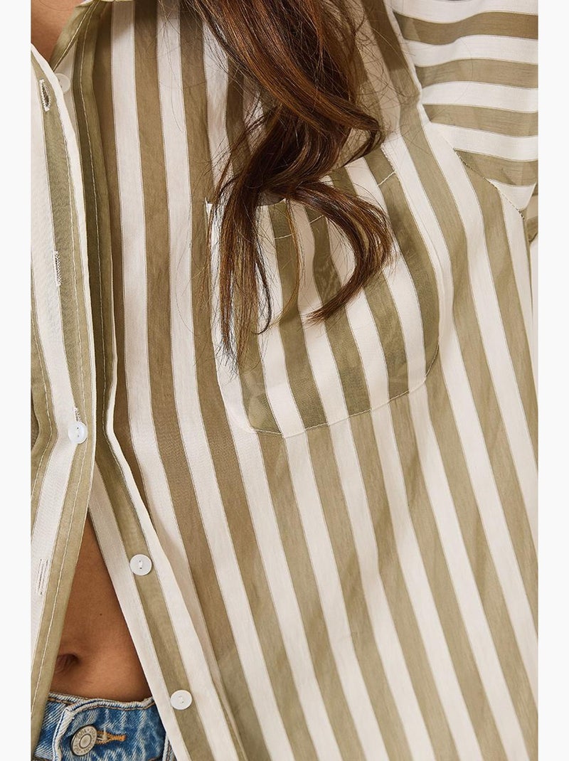 Camisa oversize con detalle de bolsillo único a rayas lucci Caqui - Kiabi