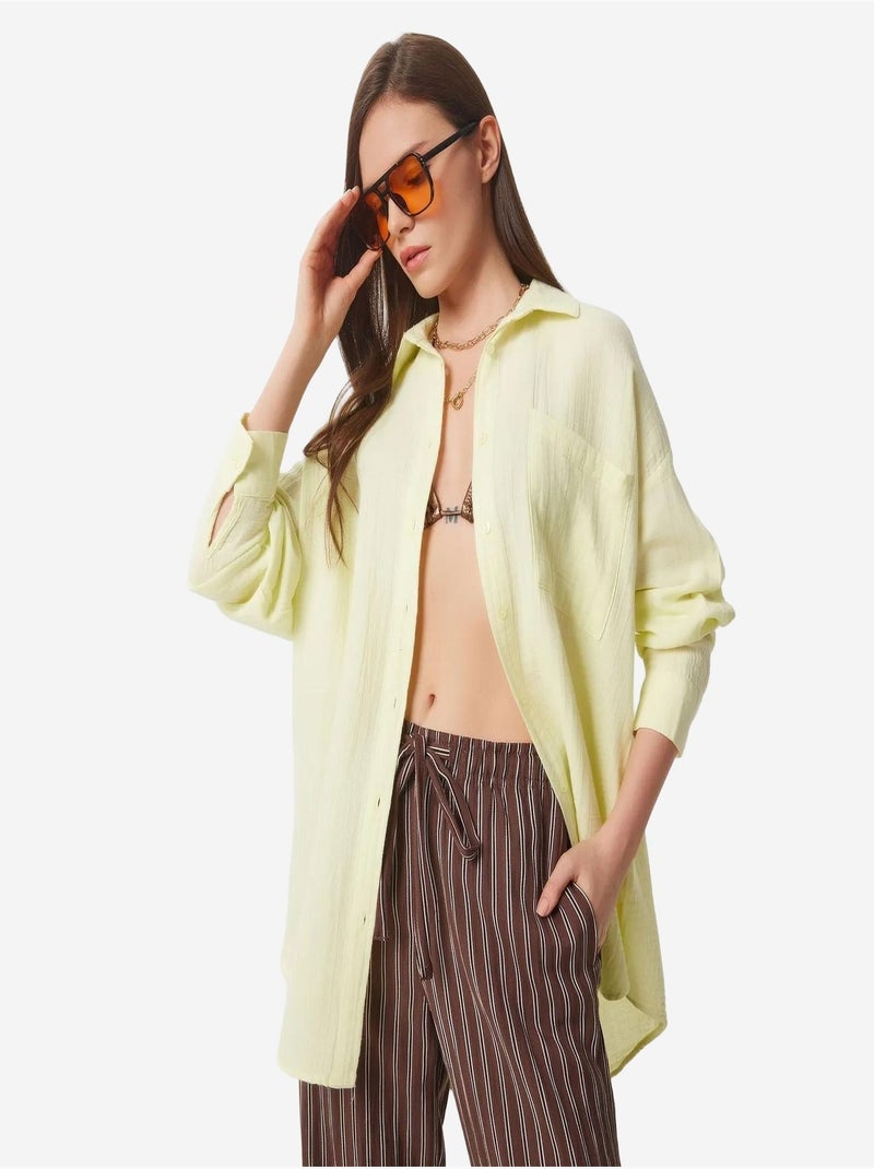 Camisa oversize de algodón texturizado con bolsillo istanbul Amarillo limón - Kiabi