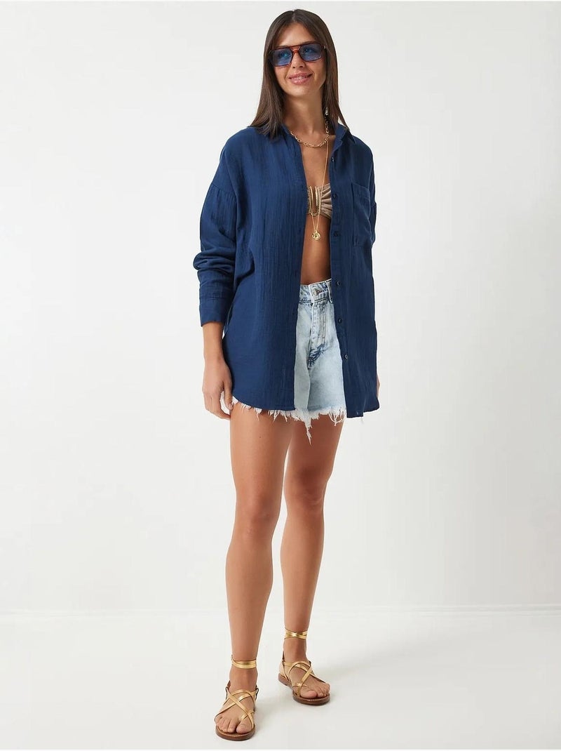 Camisa oversize de algodón texturizado con bolsillo istanbul Azul marino - Kiabi
