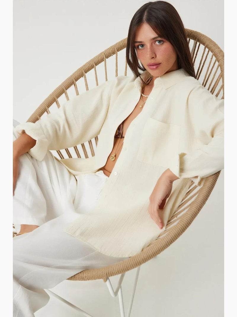Camisa oversize de algodón texturizado con bolsillo istanbul Crema - Kiabi