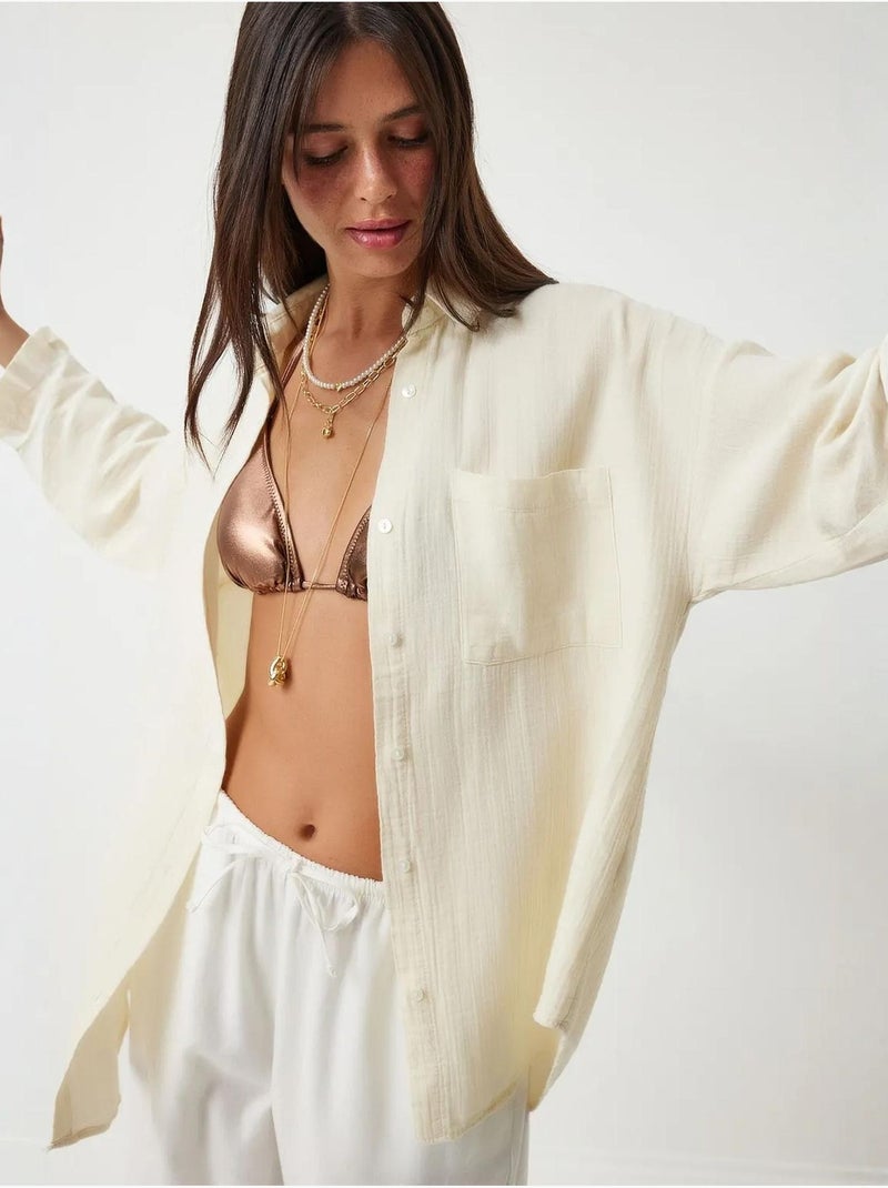 Camisa oversize de algodón texturizado con bolsillo istanbul Crema - Kiabi