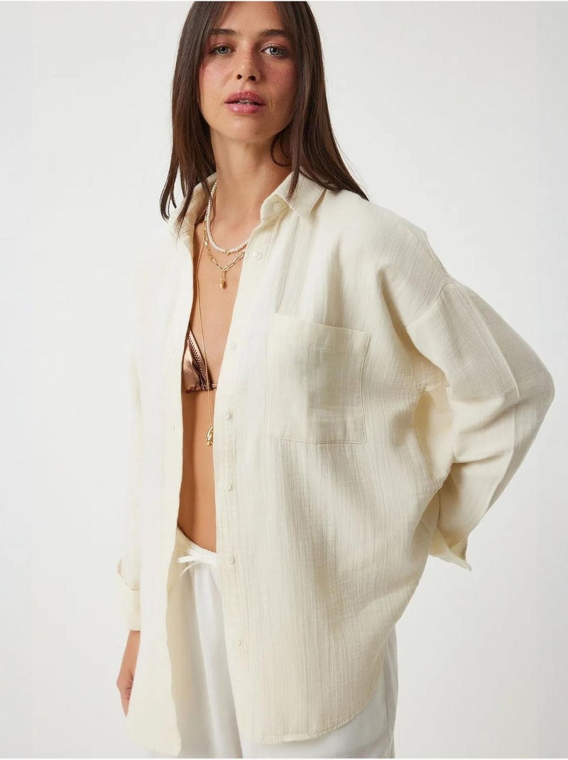 Camisa oversize de algodón texturizado con bolsillo istanbul Crema - Kiabi