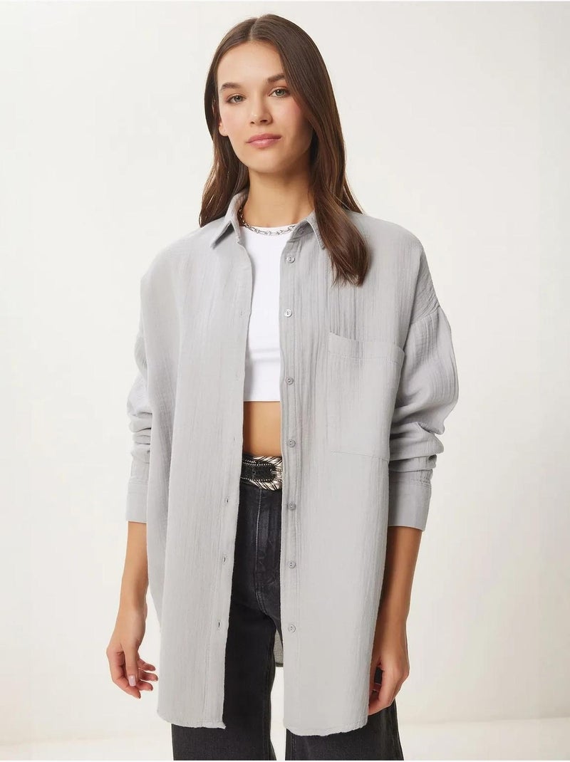 Camisa oversize de algodón texturizado con bolsillo istanbul Gris claro - Kiabi