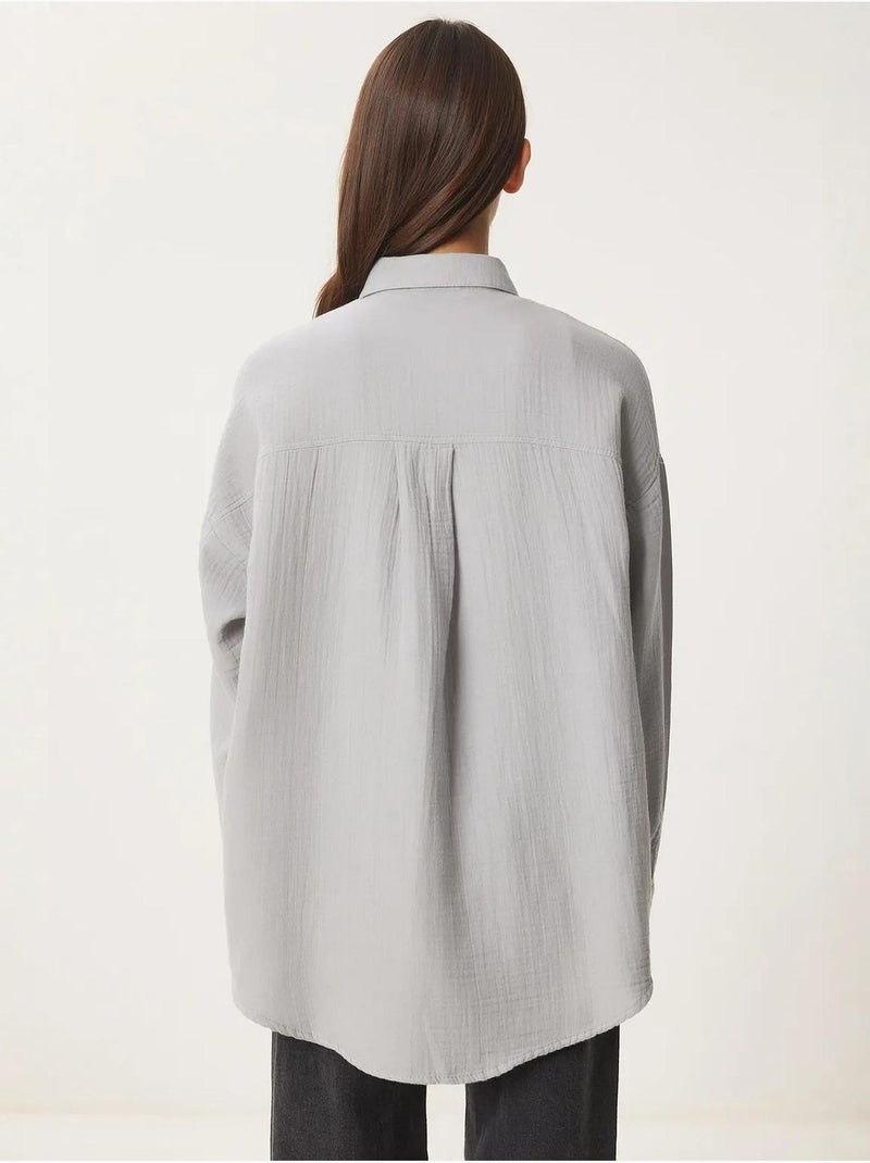 Camisa oversize de algodón texturizado con bolsillo istanbul Gris claro - Kiabi