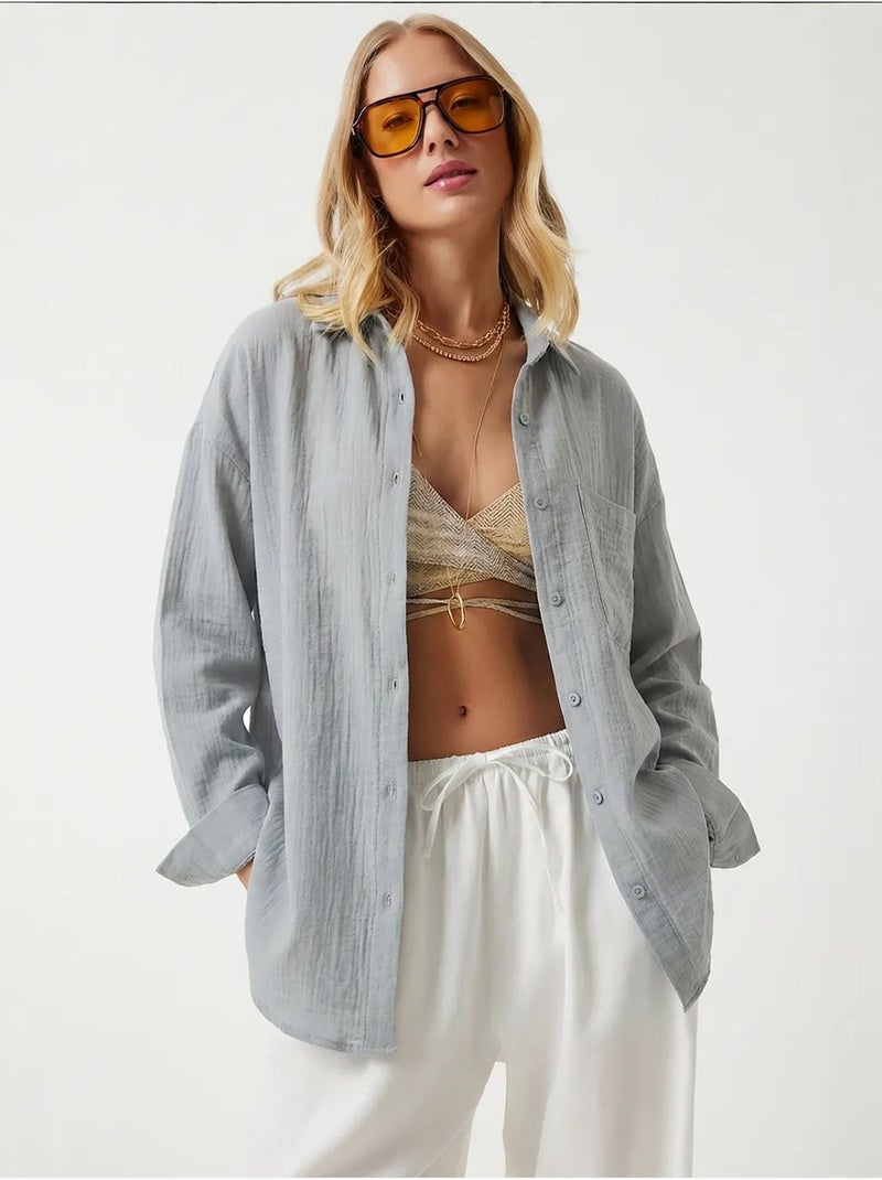 Camisa oversize de algodón texturizado con bolsillo istanbul Gris perla - Kiabi