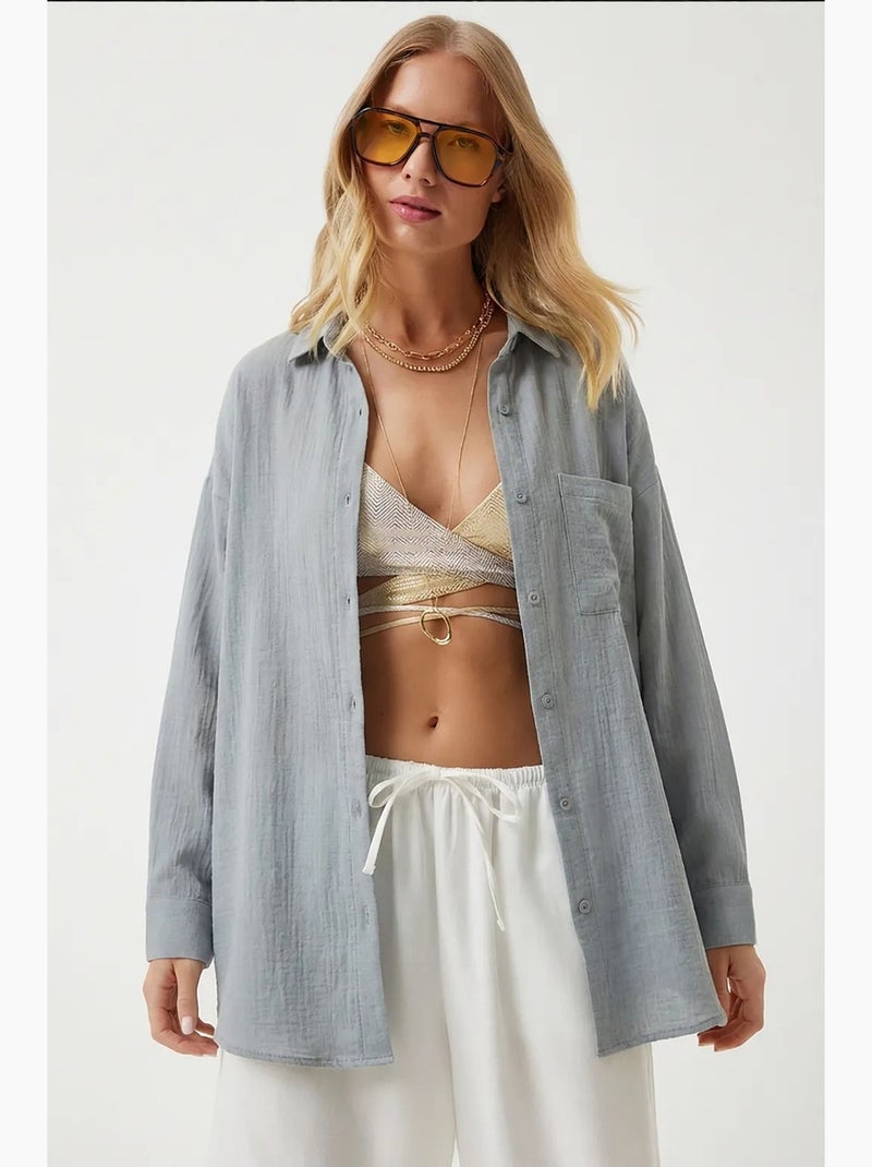 Camisa oversize de algodón texturizado con bolsillo istanbul Gris perla - Kiabi