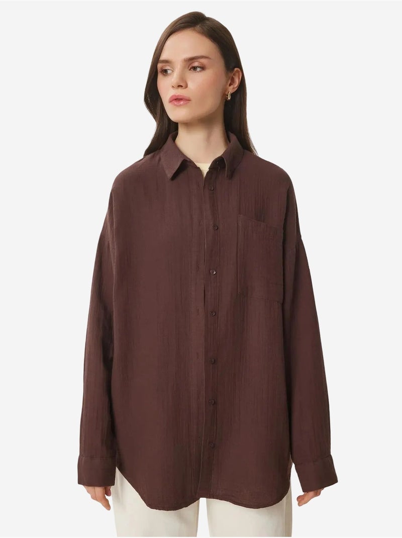 Camisa oversize de algodón texturizado con bolsillo istanbul Marrón chocolate - Kiabi
