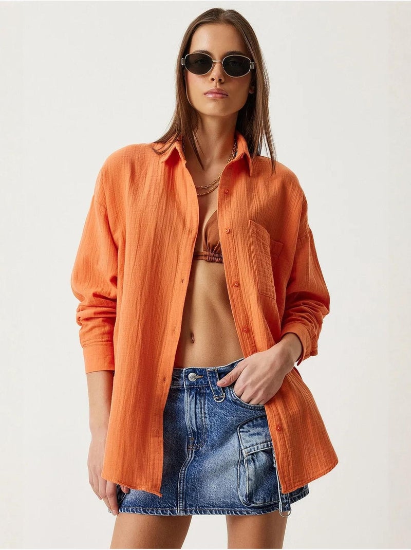 Camisa oversize de algodón texturizado con bolsillo istanbul Naranja - Kiabi