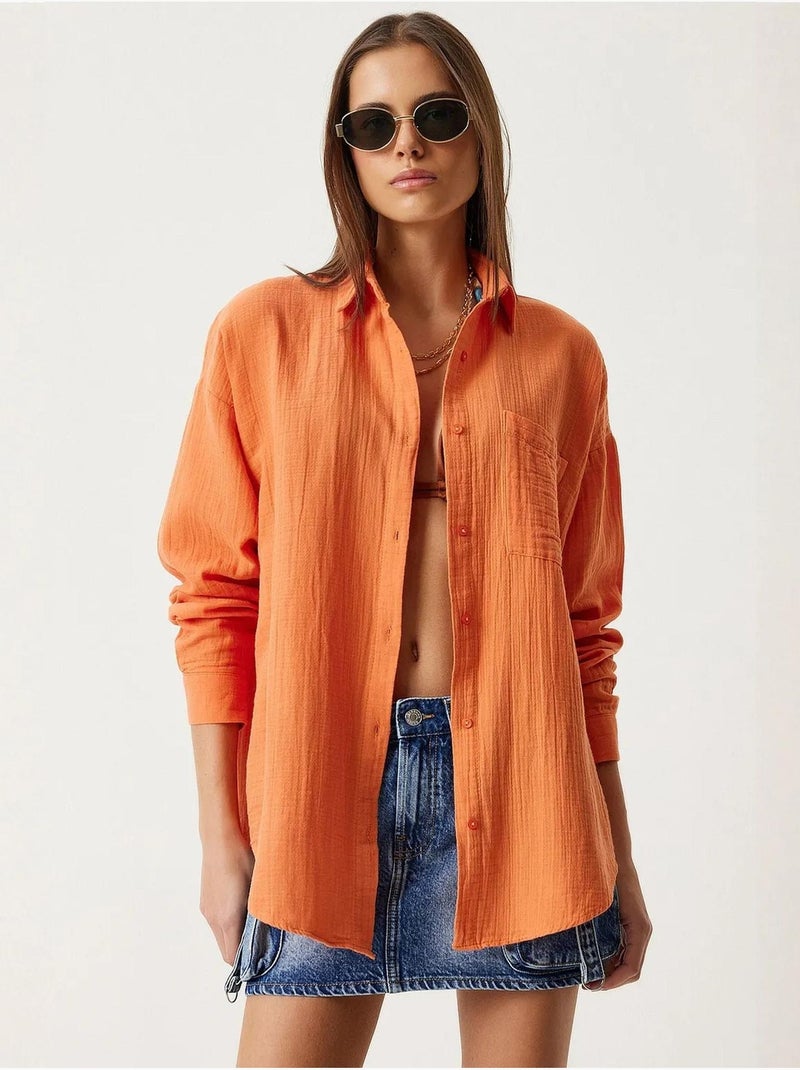 Camisa oversize de algodón texturizado con bolsillo istanbul Naranja - Kiabi