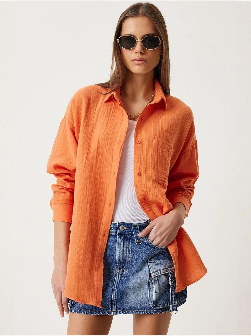 Camisa oversize de algodón texturizado con bolsillo istanbul Naranja - Kiabi