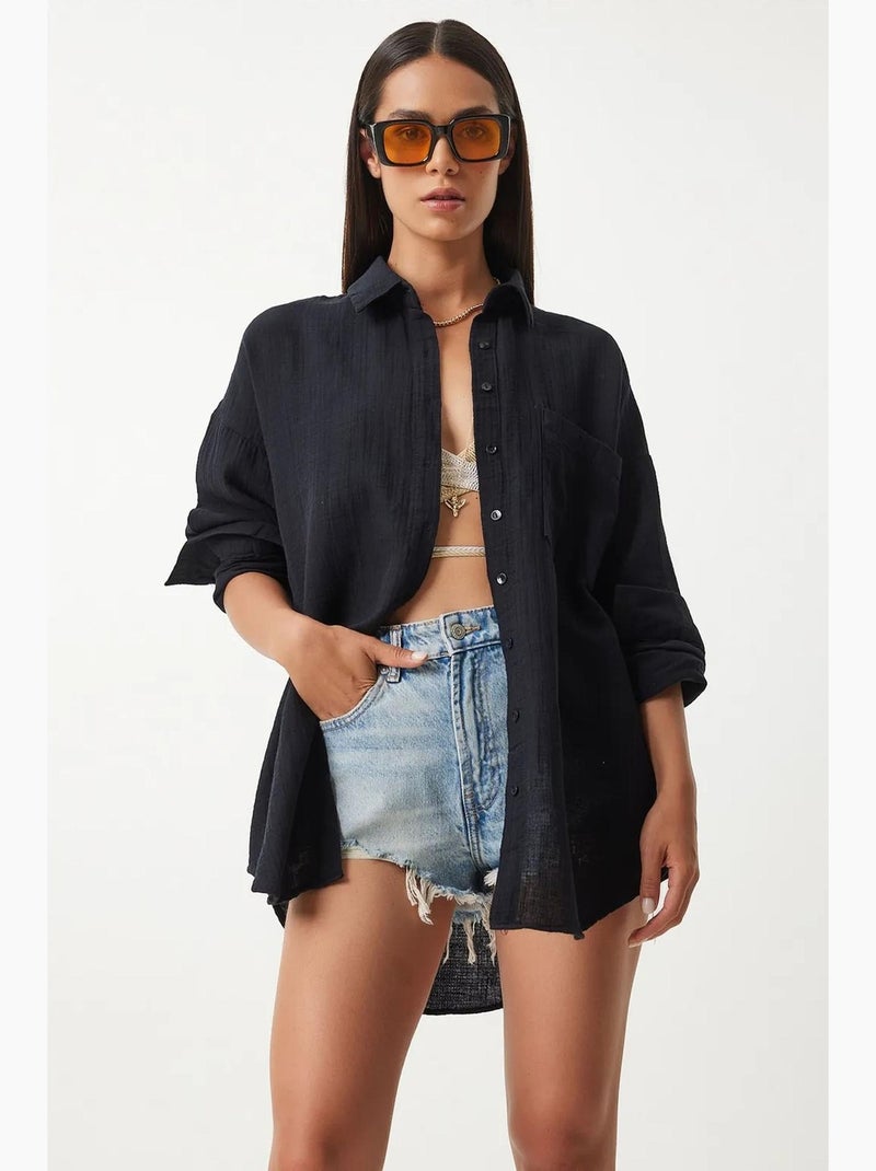 Camisa oversize de algodón texturizado con bolsillo istanbul Negro - Kiabi