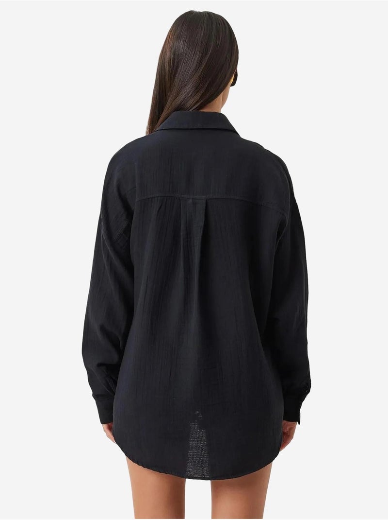 Camisa oversize de algodón texturizado con bolsillo istanbul Negro - Kiabi