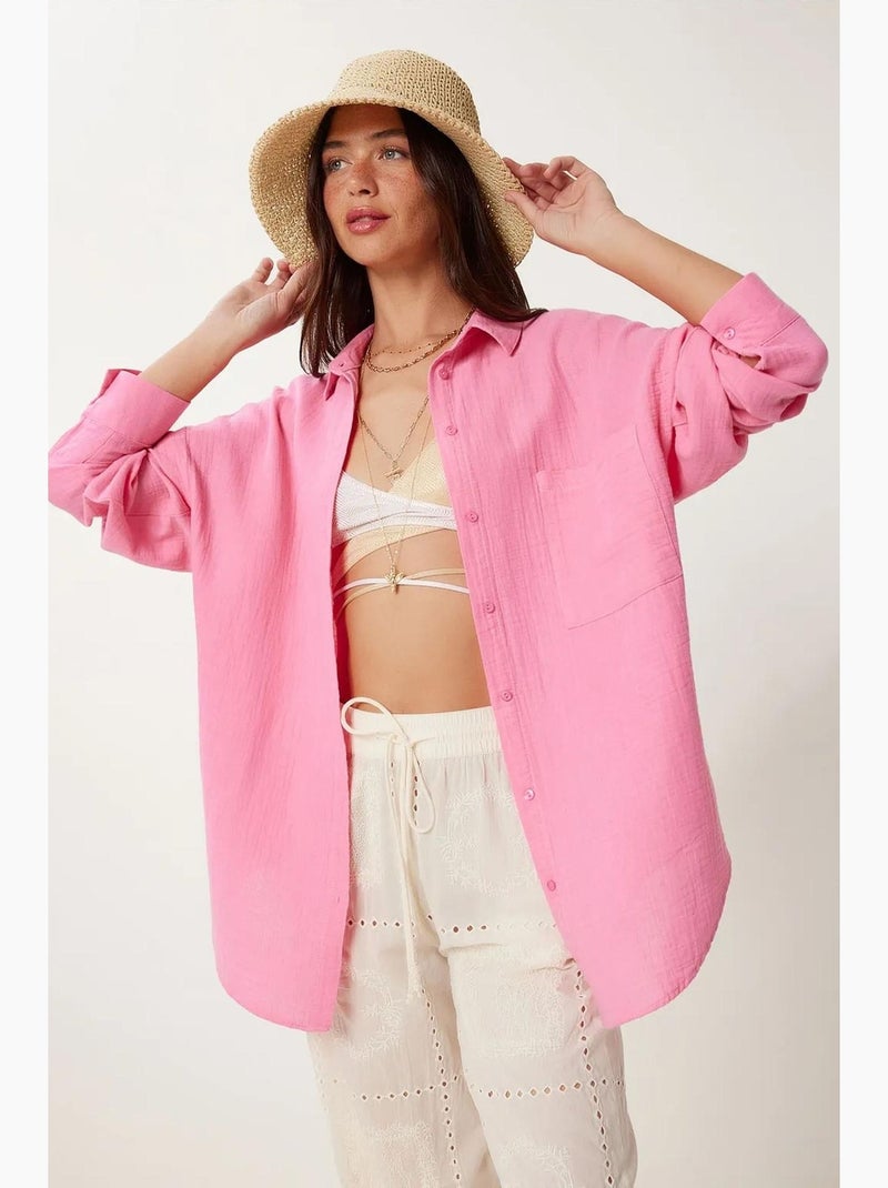 Camisa oversize de algodón texturizado con bolsillo istanbul Rosa fluo/Solinotes - Kiabi