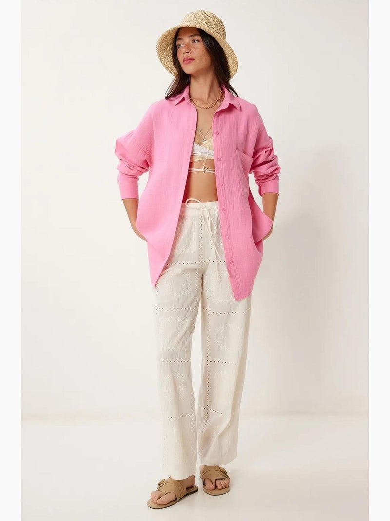 Camisa oversize de algodón texturizado con bolsillo istanbul Rosa fluo/Solinotes - Kiabi