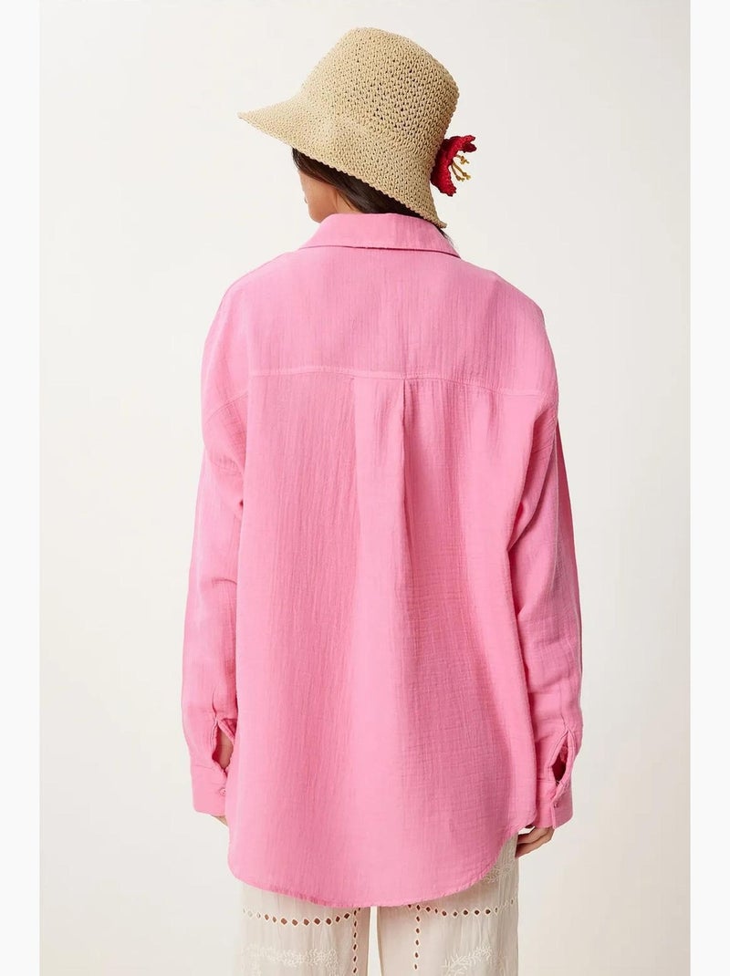 Camisa oversize de algodón texturizado con bolsillo istanbul Rosa fluo/Solinotes - Kiabi
