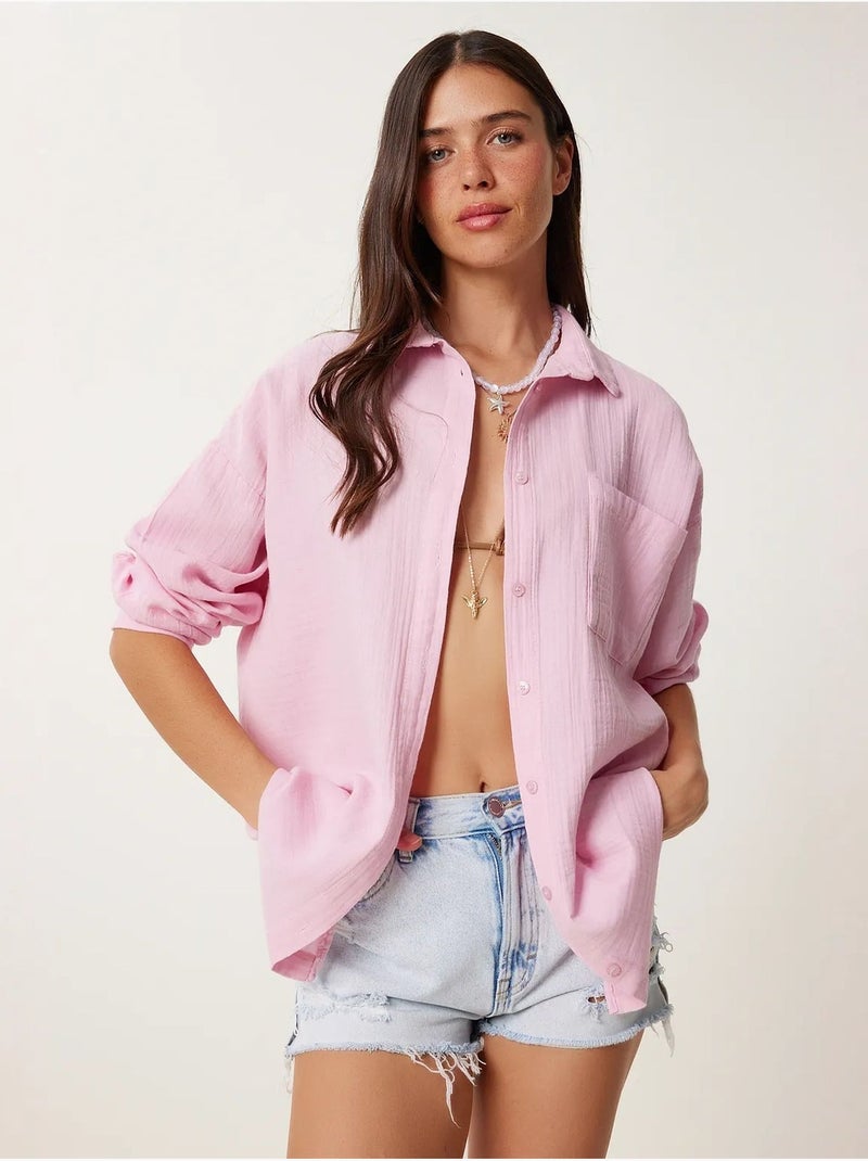 Camisa oversize de algodón texturizado con bolsillo istanbul Rosa - Kiabi
