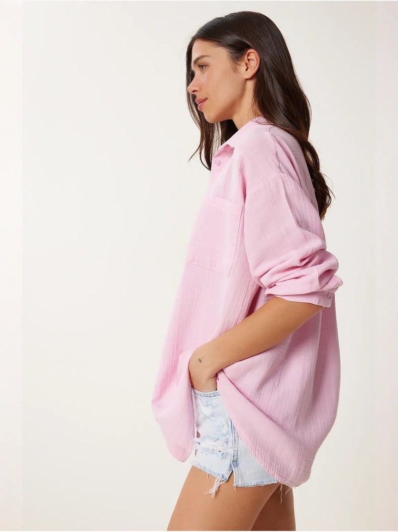 Camisa oversize de algodón texturizado con bolsillo istanbul Rosa - Kiabi