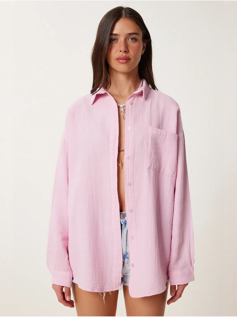 Camisa oversize de algodón texturizado con bolsillo istanbul Rosa - Kiabi