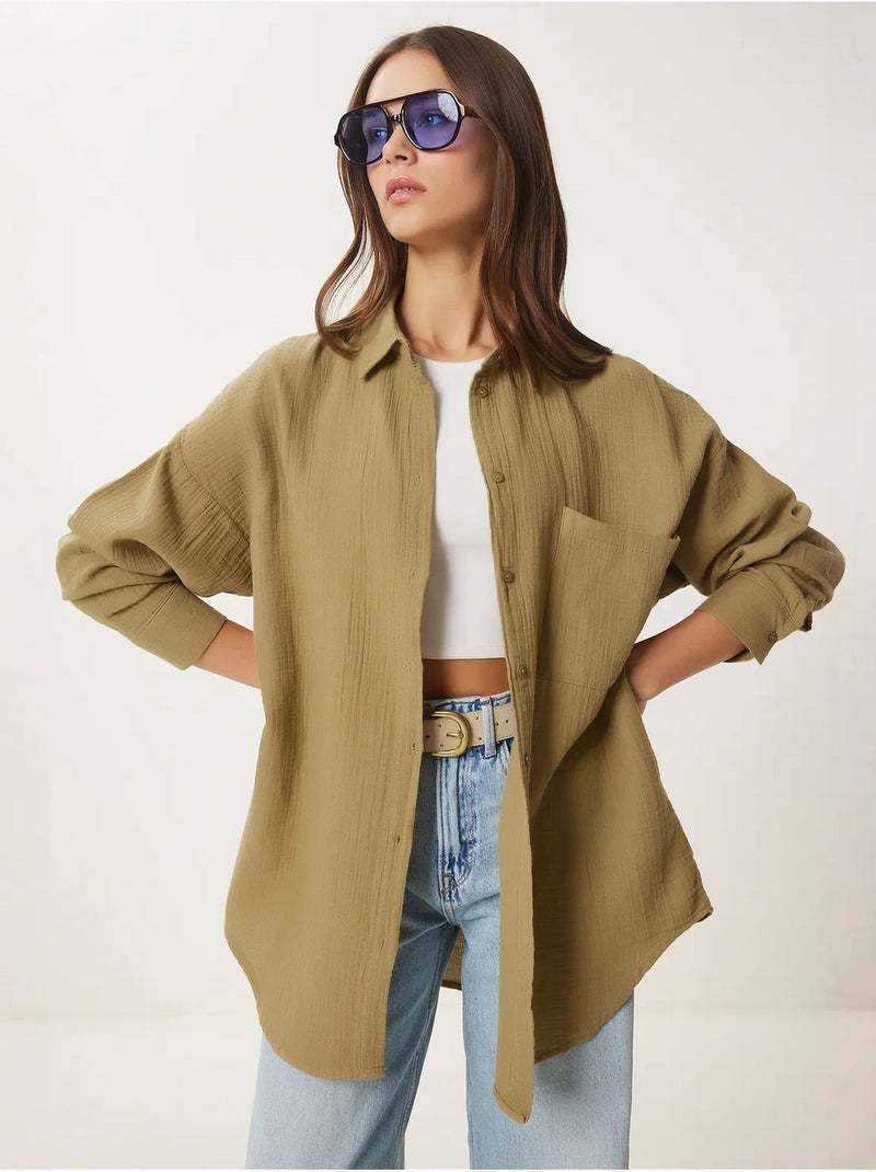 Camisa oversize de algodón texturizado con bolsillo istanbul Verde caqui claro - Kiabi