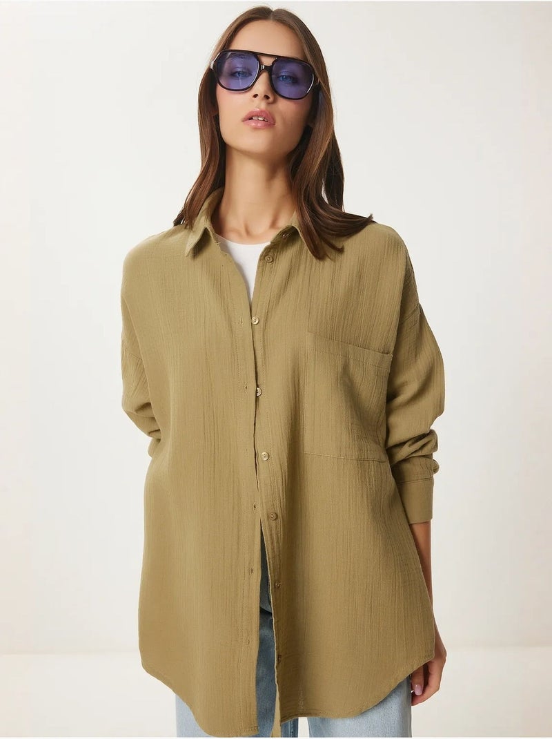 Camisa oversize de algodón texturizado con bolsillo istanbul Verde caqui claro - Kiabi